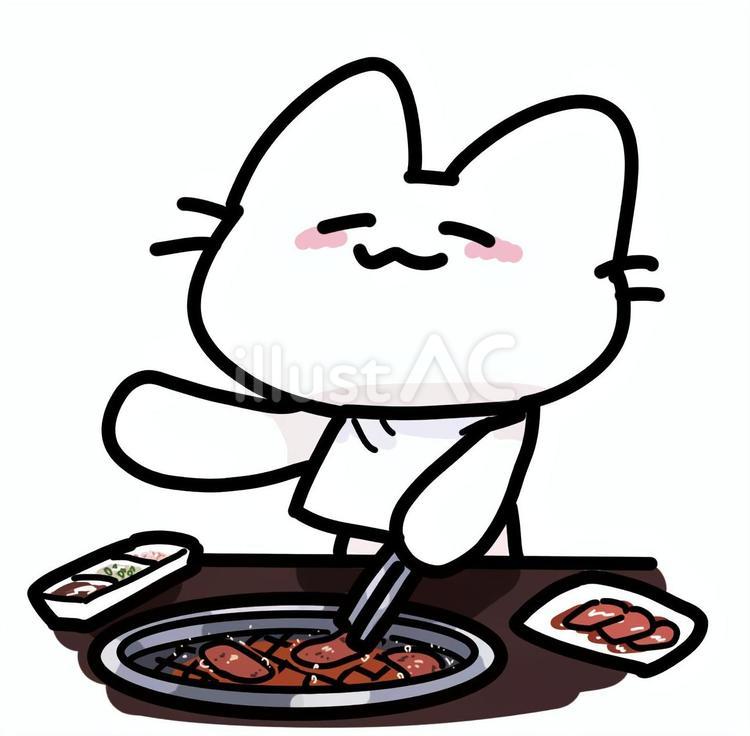 ゆるいネコと焼肉 ネコ,キャラクター,手描きのイラスト素材