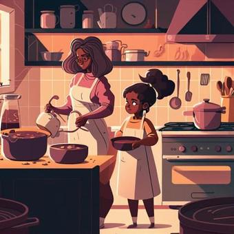 Woman and child cooking in the kitchen, , JPG