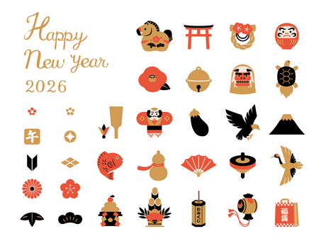 和モダンなお正月のアイコンセット　午年 お正月,アイコン,午年,縁起物,正月,馬,2026年,令和8年,鏡餅,コマのイラスト素材