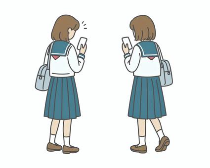 スマホを見る女子高生の後ろ姿 高校生,中学生,女子,後ろ姿,日本人,制服,セーラー服,全身,スマホ,通学のイラスト素材