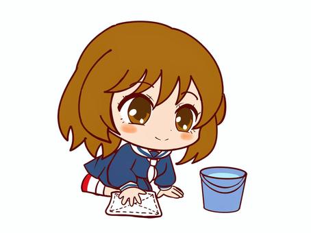 雑巾がけをする女子学生 掃除,雑巾,女子学生,学生,セーラー服,バケツ,萌え系,ちびキャラ,かわいい系のイラスト素材