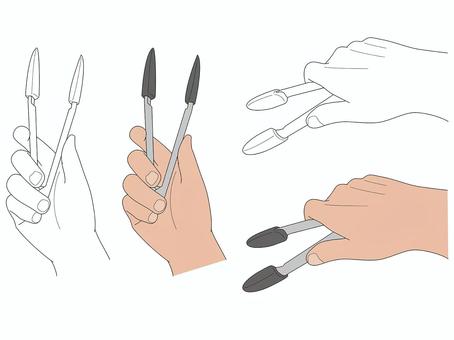 手（トング） 手,トング,動作,つかむ,食器,カラー,線図,白黒,料理,金物のイラスト素材
