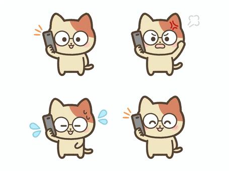 電話するねこ（メガネ）表情セット ねこ,電話,かける,スマホ,連絡,ニコニコ,焦る,謝る,謝罪,怒るのイラスト素材