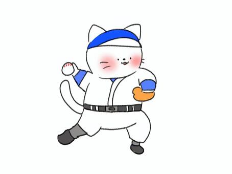 ピッチャーねこ 猫,動物,哺乳類,ピッチャー,野球,グローブ,ユニホーム,投げる,スポーツ,手書きのイラスト素材