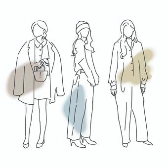 シンプルな3人の女性の線画 線画,スタイリッシュ,女性,ファッション,スナップ,シンプル,シルエット,ニュアンス,カラーニュアンス,手書き風のイラスト素材