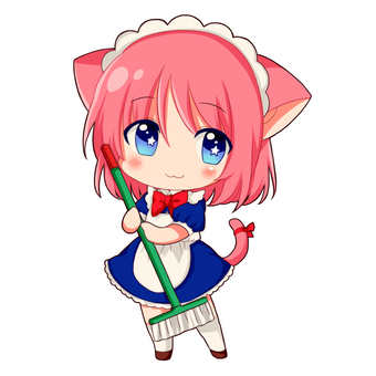 モップを持ったネコのメイドさん モップ,掃除,猫,ねこ,ネコ,ピンク,メイド,女性,女の子,かわいいのイラスト素材