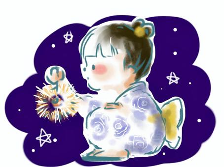 Sparkler in yukata, una ragazza, yukata, sparkler fuochi d'artificio, JPG and PNG