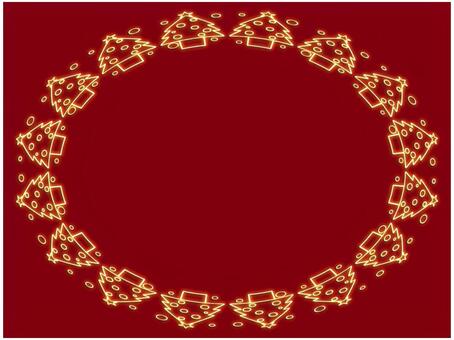 クリスマスツリーのフレ−ム　ネオン　 クリスマスツリー,フレ−ム,ポストカード,メッセージカード,ネオン,黄色,赤,えんじ色,楕円形,クリスマスのイラスト素材