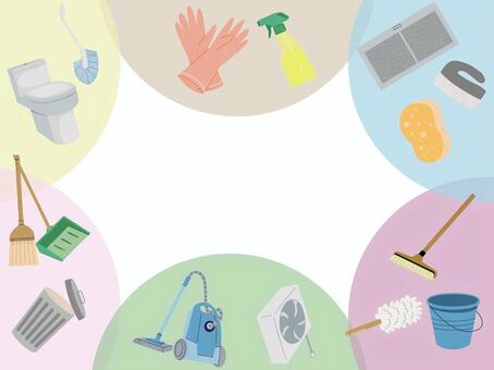 掃除のポップなフレーム 掃除,年末大掃除,掃除道具,フレーム,パステルカラー,アイキャッチ,かわいい,ほうき,ちりとり,トイレブラシのイラスト素材