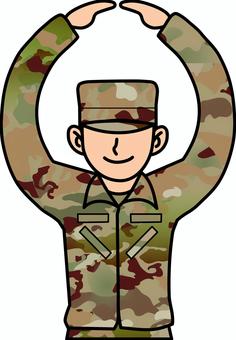 マル印をする男性米陸軍人（作業帽） 米陸軍,隊員,男性,迷彩,半長靴,army,作業帽,出動,有事,防災のイラスト素材