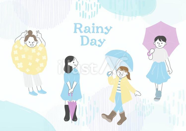 雨具を着た女性　セット 梅雨,6月,夏のイラスト素材