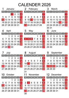 2026 月曜始り 年間 カレンダー カレンダー,calender,年間,2026年,2026,月曜始まり,月曜,1年,祝月,シンプルのイラスト素材