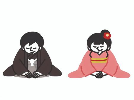 お辞儀をして新年のあいさつをする男女 人,正月,年賀状,挨拶,お辞儀,男性,女性,袴,晴れ着,着物のイラスト素材