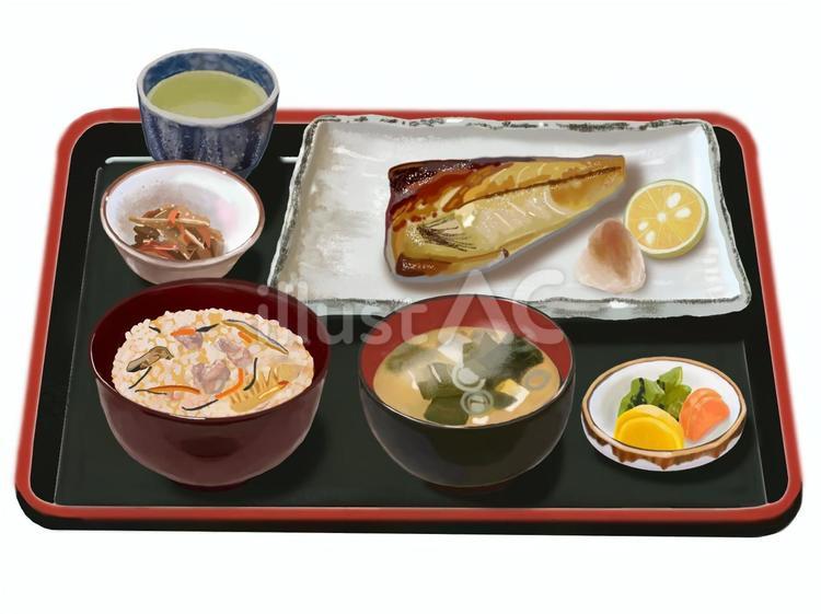 鯖の塩焼き定食（黒色お盆炊き込みご飯） 鯖,サバ,塩焼きのイラスト素材
