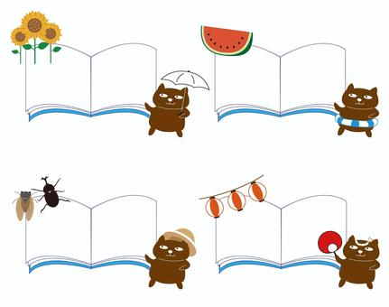 本のフレーム、夏の素材 フレーム,枠,見出し,タイトル,夏,夏休み,ひまわり,日傘,スイカ,浮き輪のイラスト素材