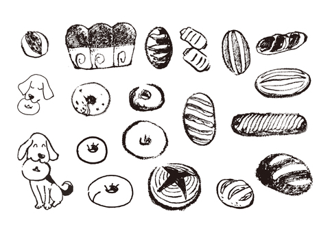 パン墨絵2 パン,bread,パン・ド・カンパーニュ,フォカッチャ,アンバターサンド,惣菜パン,食パン,チーズパン,プチパン,墨絵のイラスト素材