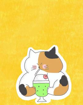 メロンソーダを飲む三毛猫ちゃん♪ かわいい,メロンソーダ,飲み物,炭酸,喫茶,カフェ,アイス,アイスクリーム,バニラアイス,さくらんぼのイラスト素材