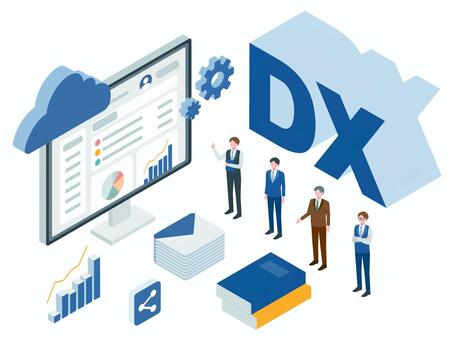 アイソメトリック_DXと人物イメージ アイソメトリック,立体,アイソメ,斜め上,dx,デジタル化,ビジネス,改革,クラウド,データのイラスト素材