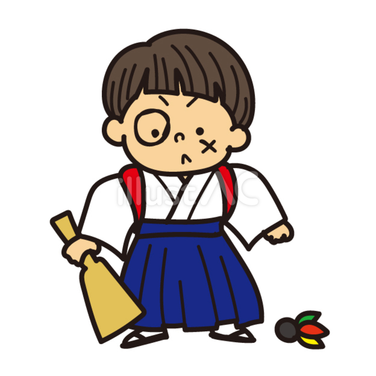 羽根つきで顔にマルとバツ印の男の子 男の子,羽根突き,負けるのイラスト素材
