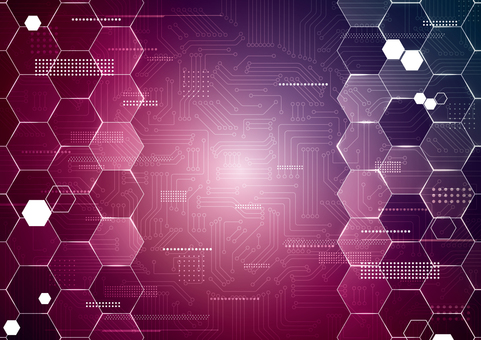 デジタルな六角形と電子回路の紫色の背景 デジタル,テクノロジー,電子回路,基盤,六角形,スタイリッシュ,紫色,背景のイラスト素材