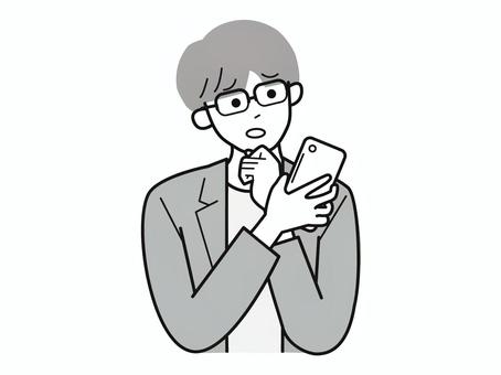 スマホと考える働く男性A/白黒 スマホと考える働く男性A/白黒 スマホ,考え込む,男性,お父さん,会社員,アドバイザー,20代,30代,40代,オフィスカジュアルのイラスト素材