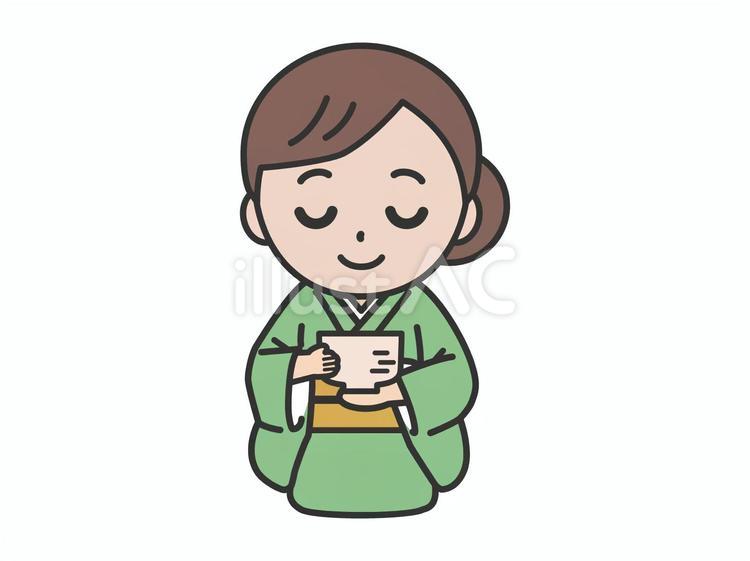 抹茶茶碗を持つ緑の着物の女性 人物,茶道,抹茶のイラスト素材