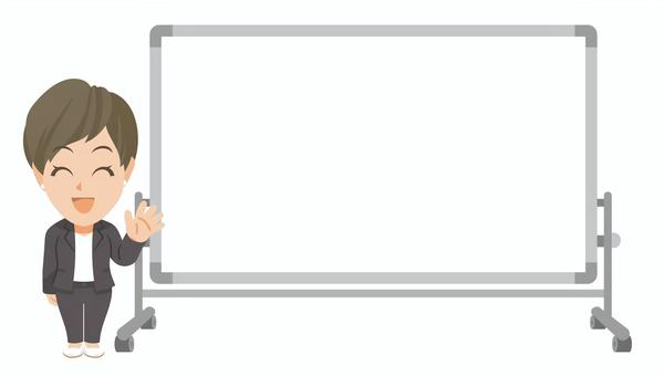 白板傍で手を振る若いビジネス女性のSD② 先生,教師,教員,指導員,スーツ,ビジネス,会社,手を振る,バイバイ,見送るのイラスト素材