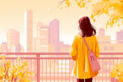 秋の街並みを眺める女性OLの後ろ姿