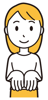  ロングヘア女性(黄)-249-バスト ちょうだい,女性,女の子,人物,かわいい,ねだる,欲しい,どうぞ,てのひら,くださいのイラスト素材