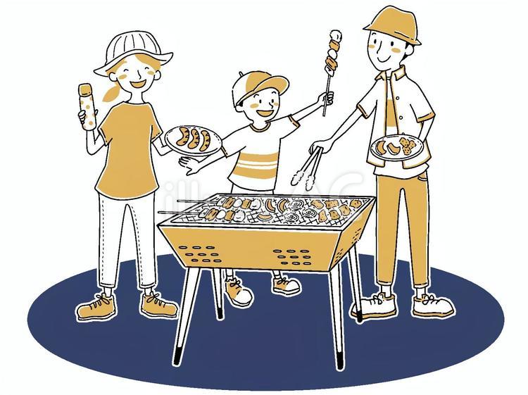 BBQをする家族　オレンジ✖️ネイビー バーベキュー,bbq,家族のイラスト素材