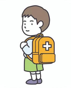防災バッグを背負う子供 防災,防災の日,子供,バッグ,リュックサック,オレンジ,防災セット,背負う,子供用,振り返るのイラスト素材