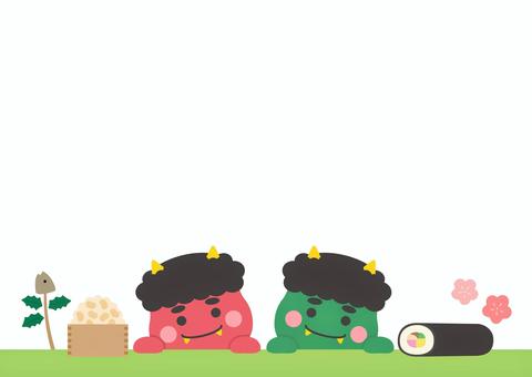 節分の鬼と豆と恵方巻05 節分,背景,フレーム,鬼,豆,恵方巻,節分豆,2月,冬,手描きのイラスト素材