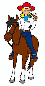 カウガール 乗馬 イラスト カウガール 乗馬 イラスト 金髪,カウガール,ピースサイン,乗馬,赤色,カウボーイハット,水色,スカーフ,白色,シャツのイラスト素材