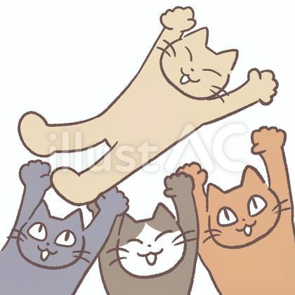喜びながら胴上げをする猫達