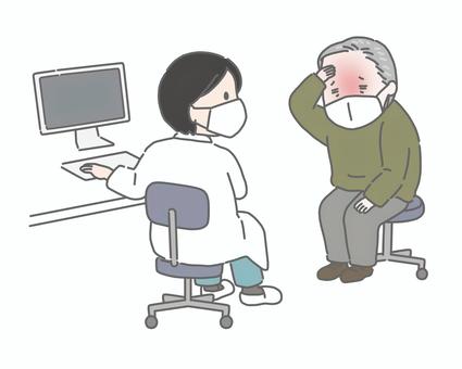 熱がある高齢男性の患者と医師の診察 診察,発熱,医師,患者,診察室,体調不良,病気,シニア,高齢者,男性のイラスト素材