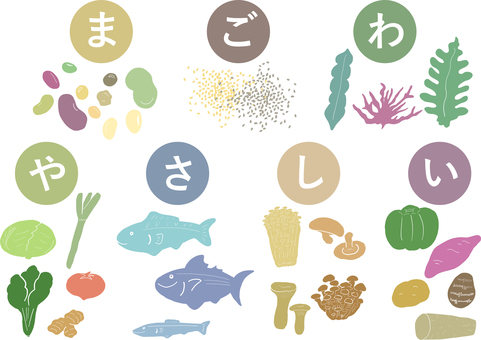 まごわやさしい＿影カラー まごわやさしい,健康,食生活,豆,ごま,わかめ,海藻,野菜,ねぎ,キャベツのイラスト素材