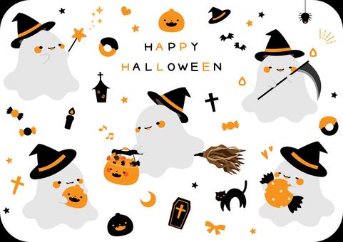 可愛いハロウィンのオバケのイラストセット ハロウィーン,セット,オバケ,かわいい,秋,幽霊,ゴースト,ゆるい,シンプル,食べ物のイラスト素材