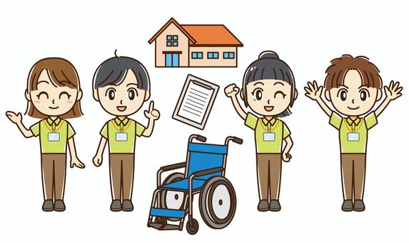 介護スタッフ男女セット（全身） 介護,人物,スタッフ,ポロシャツ,男女,施設,車椅子,カルテ,建物,男性のイラスト素材