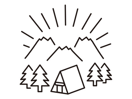 山と野外テントの自然風景/モノクロ線画 アウトドア,キャンプ,風景,線画,山,テント,森,木,樹木,野営のイラスト素材