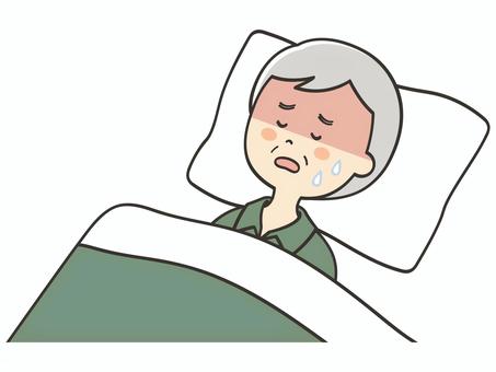 熱が出て休むおじいさん 熱,発熱,風邪,病気,寝込む,寝苦しい,うなされる,苦しい,しんどい,熱中症のイラスト素材