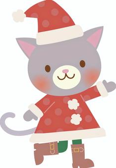 A cat wearing a Santa suit doing a guide pose, A cat wearing a Santa suit doing a guide pose, ,