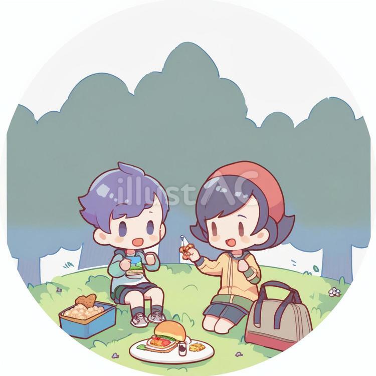 お弁当を食べる子供 子供,野外,ハイキングのイラスト素材