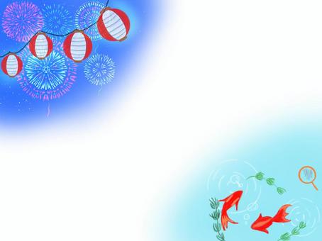 楽しい夏祭り2 夏祭り,花火,ちょうちん,夜空,金魚,フレーム,枠,水草,金魚すくい,灯りのイラスト素材