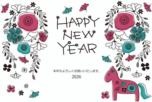 2026年北欧風可愛い花と馬の年賀状 年賀状,北欧風,2026年,馬,午年,令和8年,花,手書き,かわいい,シンプルのイラスト素材