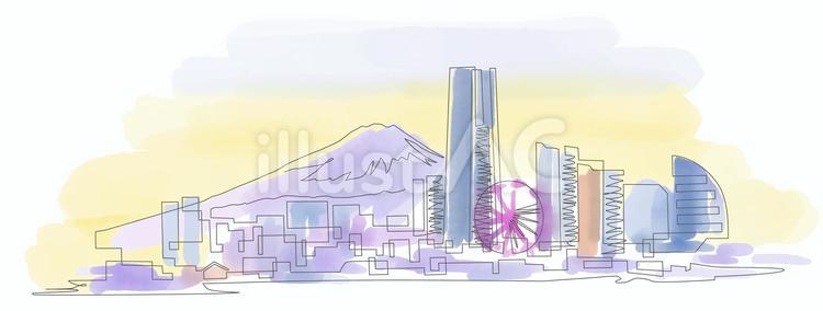 夕暮の横浜 みなとみらい 一筆書きと水彩 横浜,日本,関東のイラスト素材