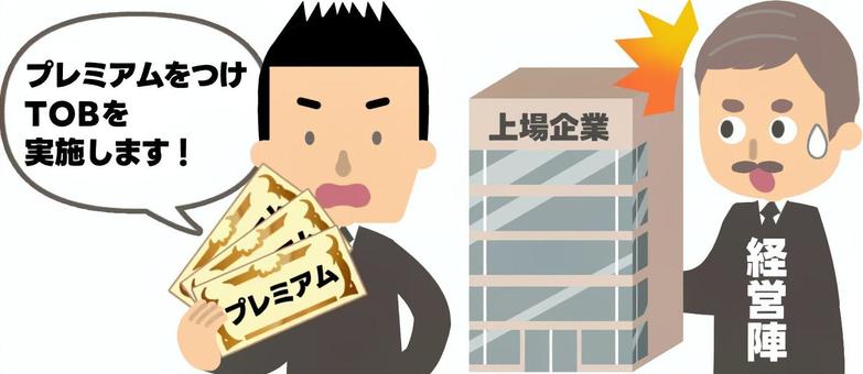 急にTOBの話が出た上場企業と経営者 tob,株式公開買い付け,経営権,買付価格,子会社化,合併,統合,敵対的,プレミアム,株価のイラスト素材