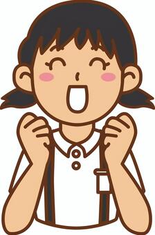 両手でガッツポーズの女の子　半袖 小学生,女の子,女子,笑顔,ガッツポーズ,学校,制服,半袖,夏服,正面のイラスト素材