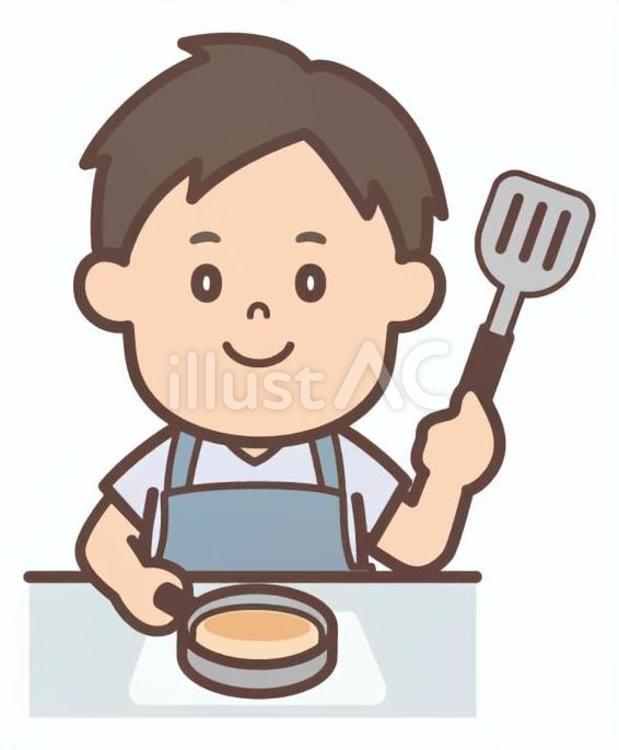 ホットケーキを作っている男性 ホットケーキ,お菓子作り,料理のイラスト素材