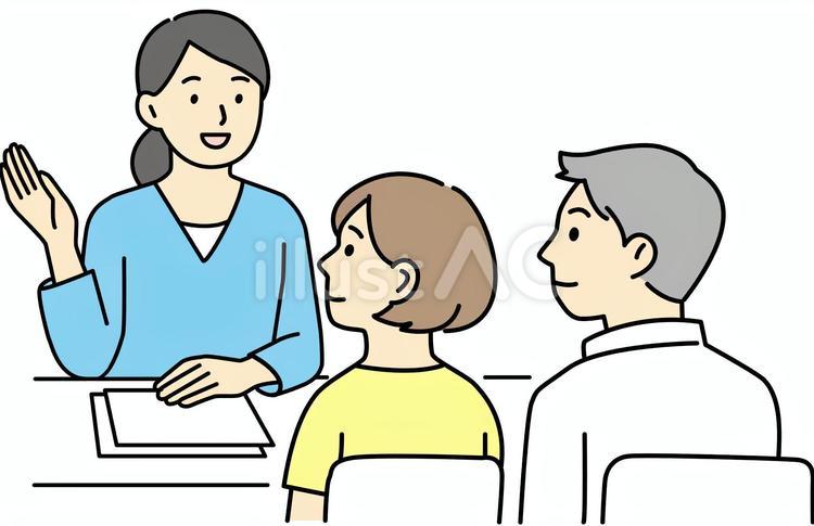 机を挟んで説明を受ける男女 女性,男性,こちらのイラスト素材