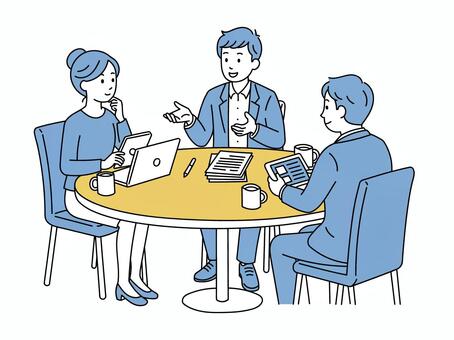 打ち合わせをする三人のビジネスパーソン 打ち合わせ,三人,3人,ビジネスパーソン,ミーティング,オフィス,ディスカッション,相談,検討,企画のイラスト素材